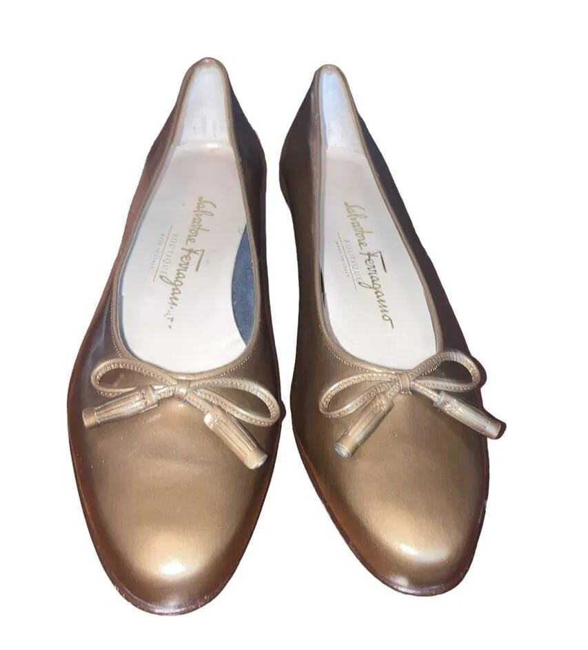 Vintage 90s Salvatore Ferragamo Boutique Bronze Shoestring Bow Ballet Flat-7.5 - Image 5