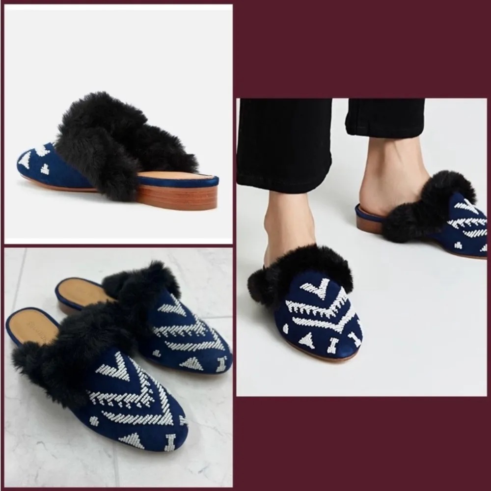 NEW! SOLUDOS Sedona Beaded Leather Faux Fur Mules Size 6.5M Navy White Black - Image 3