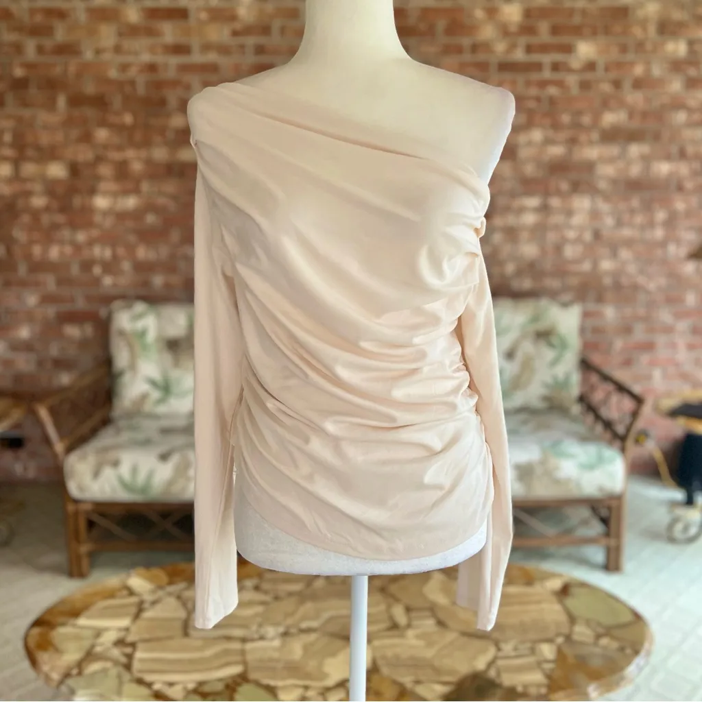 Top One Shoulder Ruched Cropped Blush Pink NWOT L - Image 3