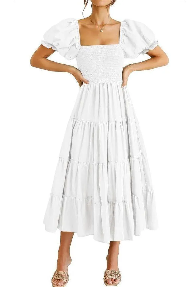 NEW Midi Dress Puff Square Neck Smocked Tiered Beach Dress XL White - Image 2