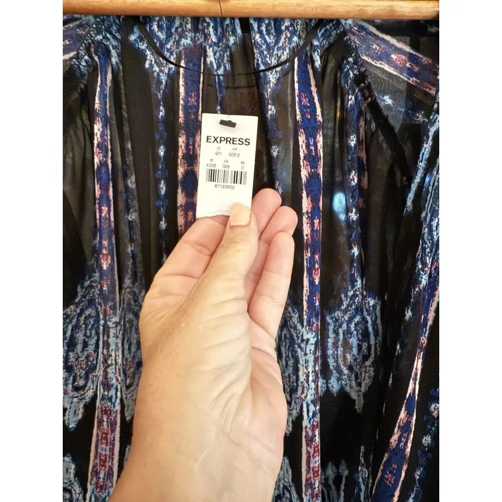 Express Women's Black/Blue‎ Floral Sheer Kimono Cardigan Open Front 3/4 Sleeve - Image 5