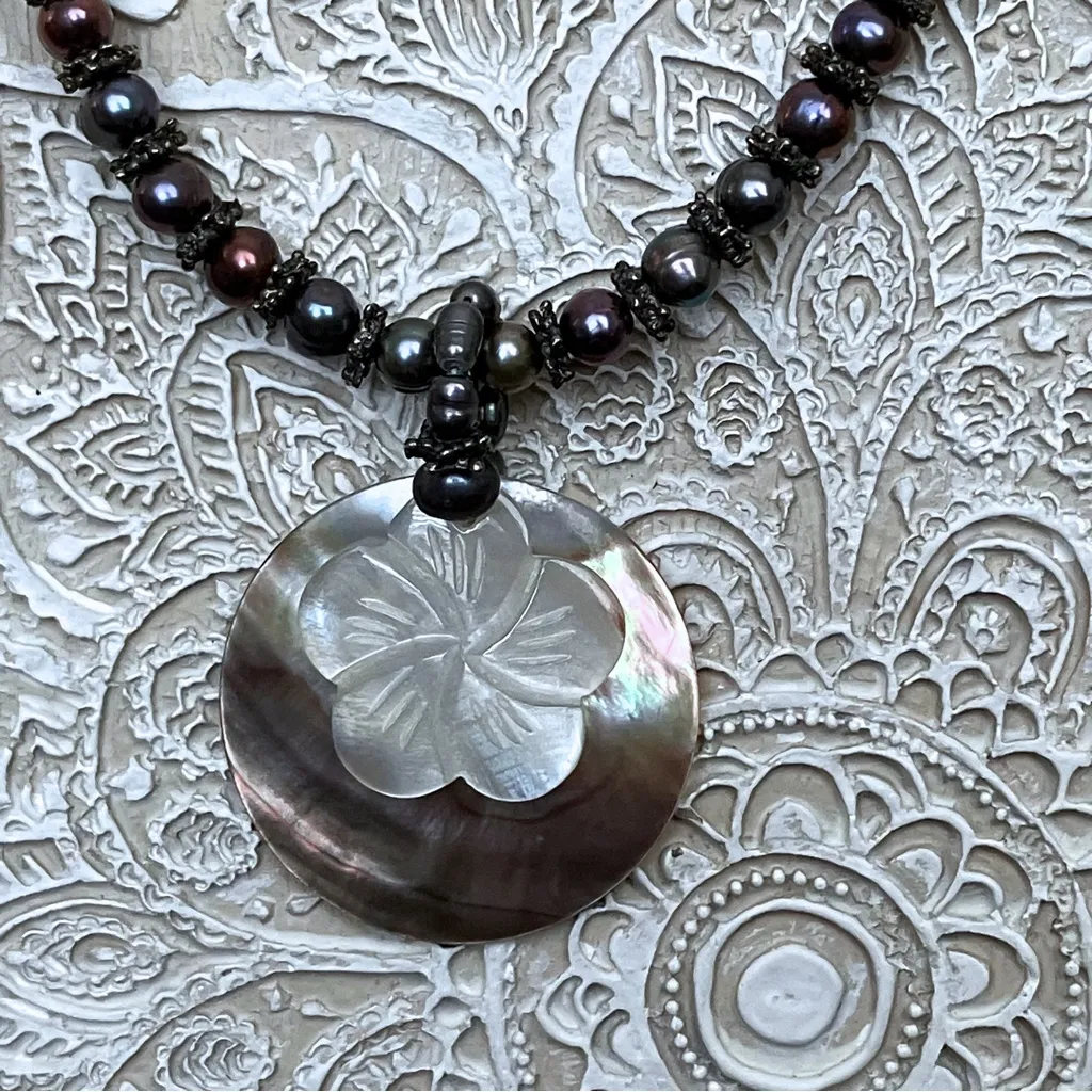 Vintage Purple Peacock Pearl Necklace Shell Pendant Festival Boho Cruise 15 - Image 2