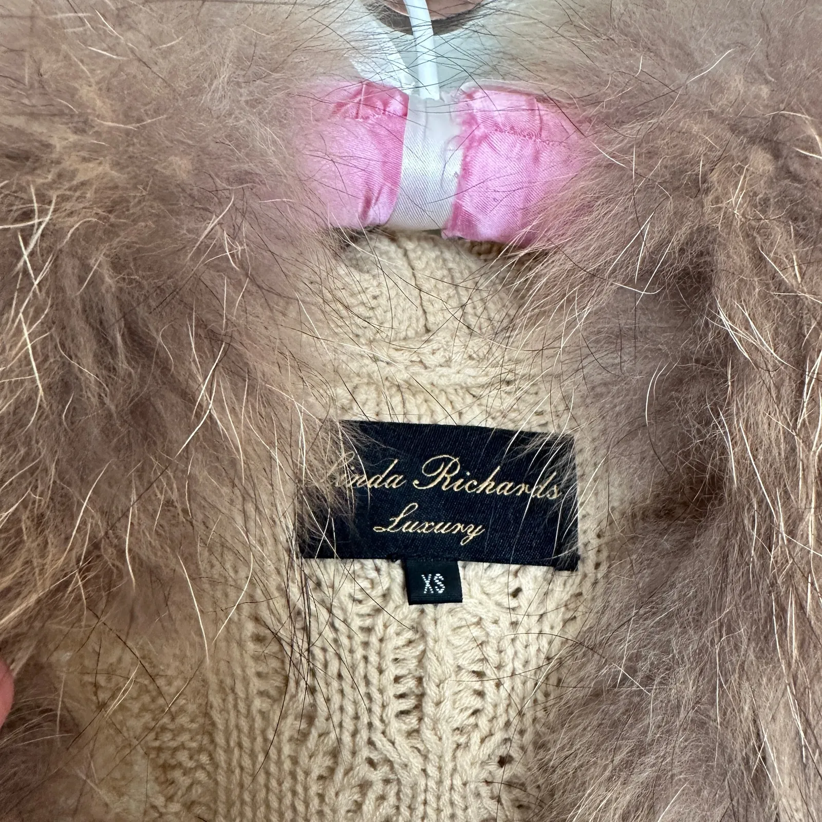 Fur Trim Linda Richards Luxury Beige Womens Collar Cable Knit Sweater Vest Sz XS Tan - Image 5