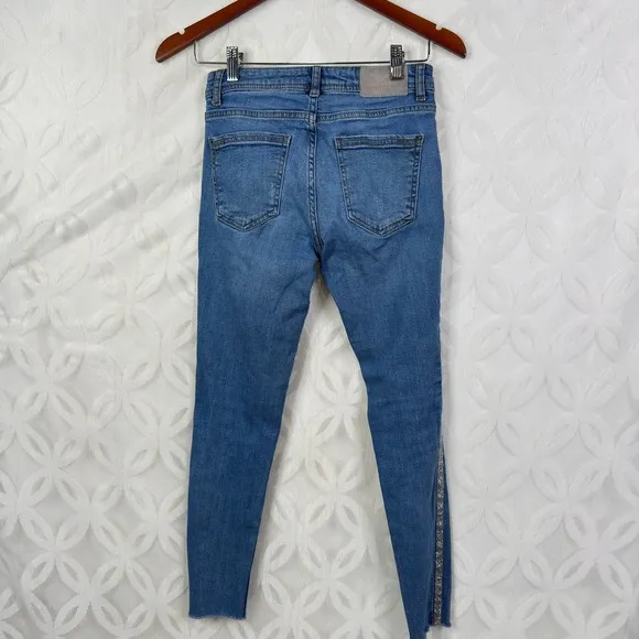 Zara‎ Z1975 Denim Distressed Glitter Tuxedo Stripe Skinny Jeans Size 4 - Image 5