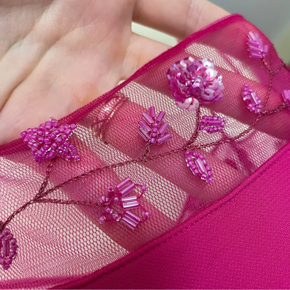 Y2K Vintage Rimini by Shaw Beaded Sakura Floral Sheer Mesh Trim Pink Midi Dress Size 12 - Image 6