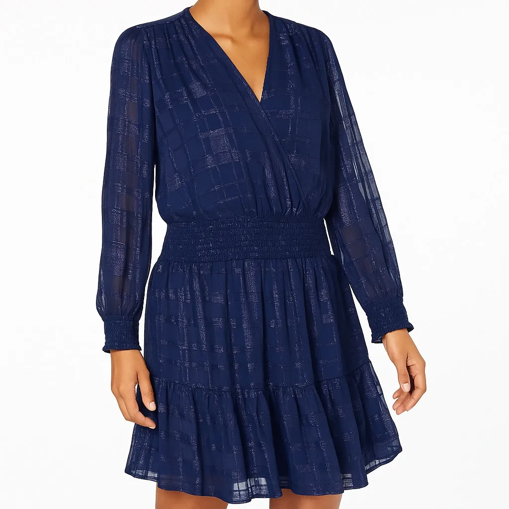 Michael Kors Metallic Navy Plaid Fil Coupe Faux Wrap Long Sleeve Dress L in EUC - Image 3