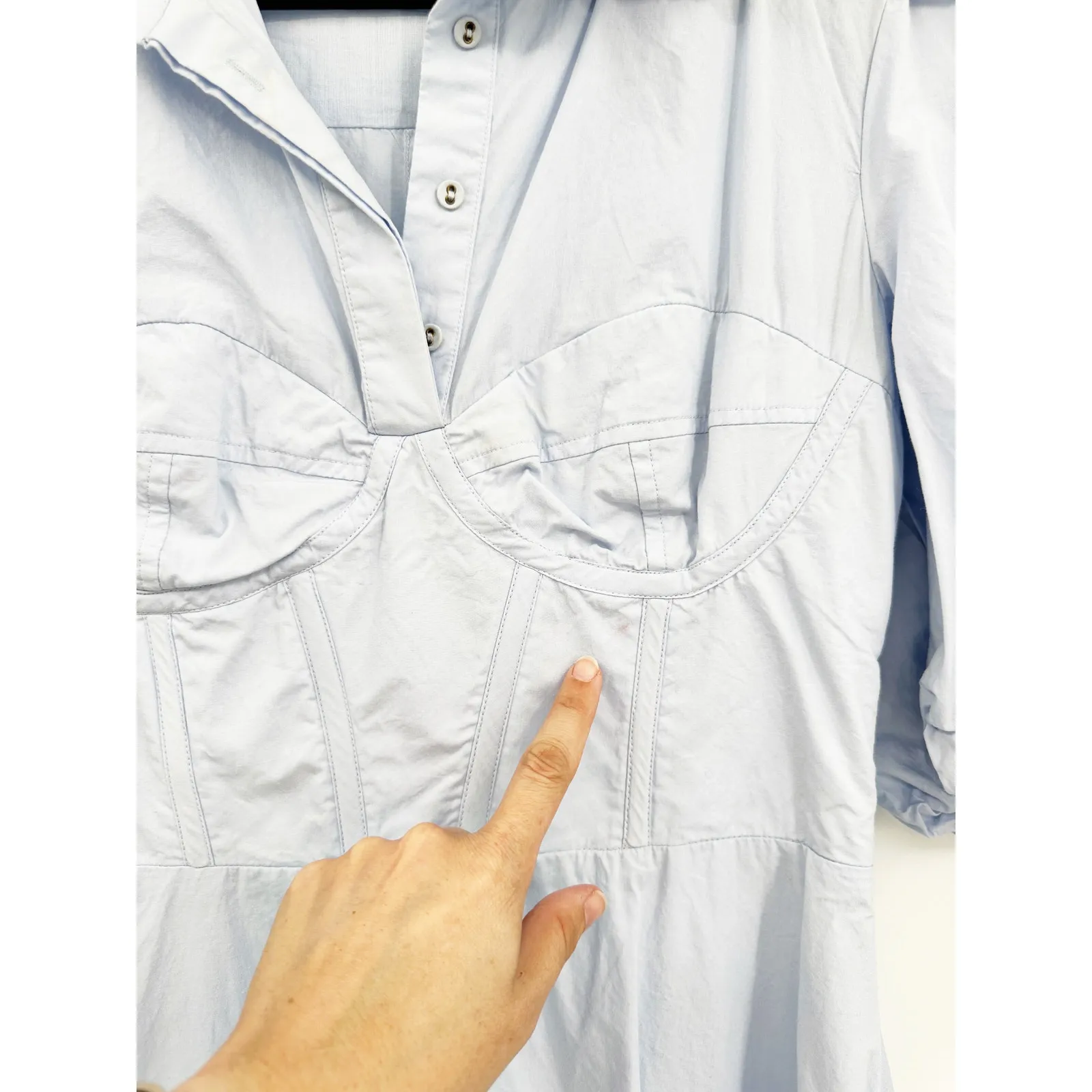 Bardot Corset Puff Sleeve Midi Shirt Dress in Cornflower Light Blue Size 6 - Image 6