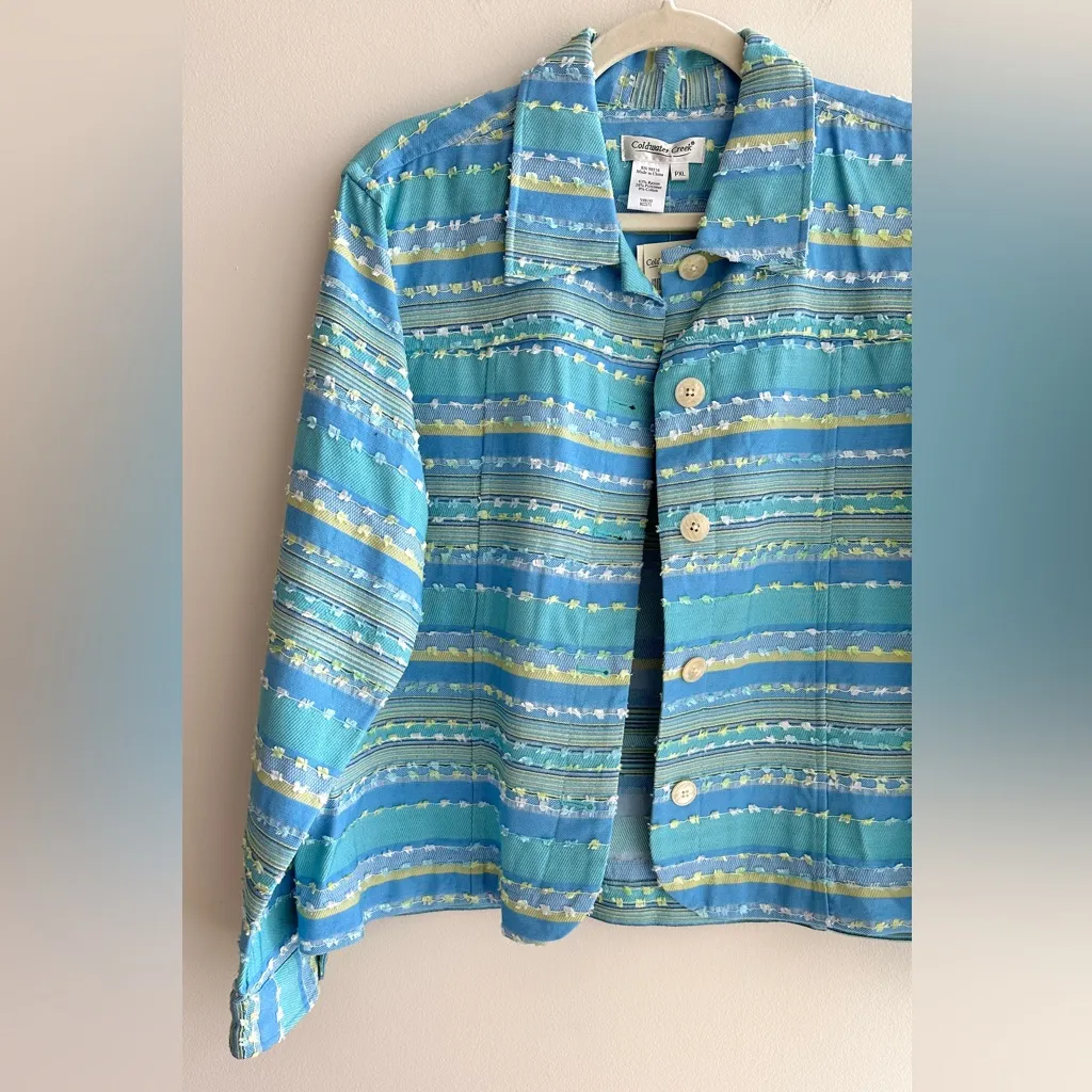 Coldwater Creek Blue/Green Boucle Striped Button Down Jacket, Size PXL - Image 2