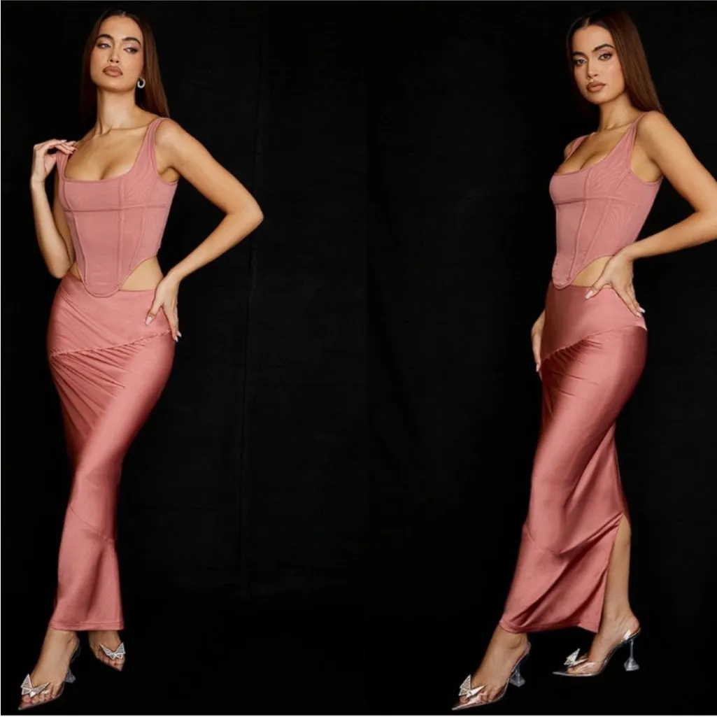 HOUSE OF CB SET‎ Aella top 'Colette' Rose Satin Low Waist Midi Skirt NWOT Size S - Image 12