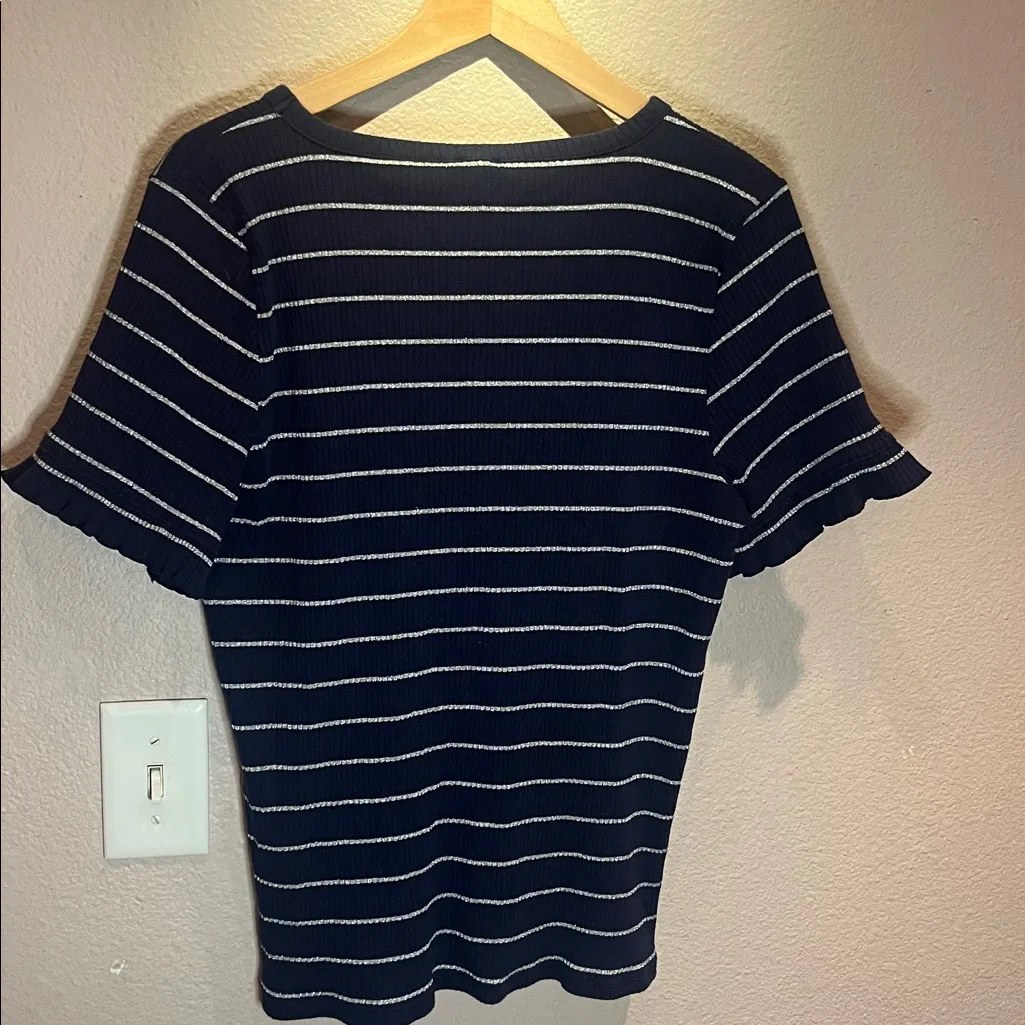 J. Crew Women’s Navy Blue Sparkly Silver Striped Stretchy T Shirt Size XXL - Image 7