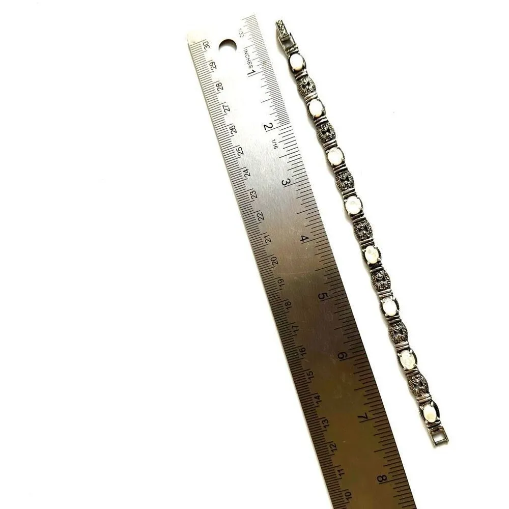 925 Sterling Silver Mother Of Pearl And Marcasite vintage Bracelet - Image 7