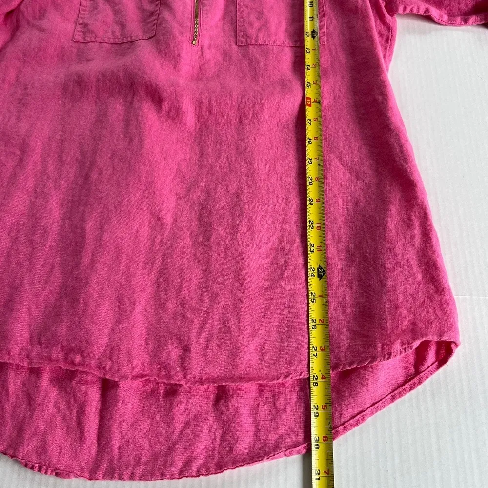 ELLEN TRACY Roll Tab Sleeve Linen Tunic Hot Pink V Neck Blouse Pockets Size M - Image 8