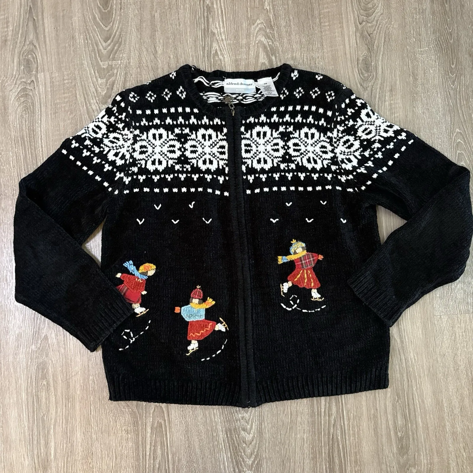 VTG Alfred Dunner Cardigan Sweater Ice Skaters Winter Christmas Fair Isle M Pet - Image 2