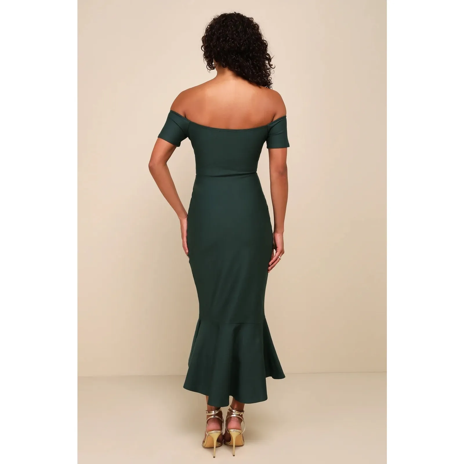 NWOT Lulus How Much I Care Dark Green Off-the-Shoulder Midi Dress Mermaid Size S - Image 4