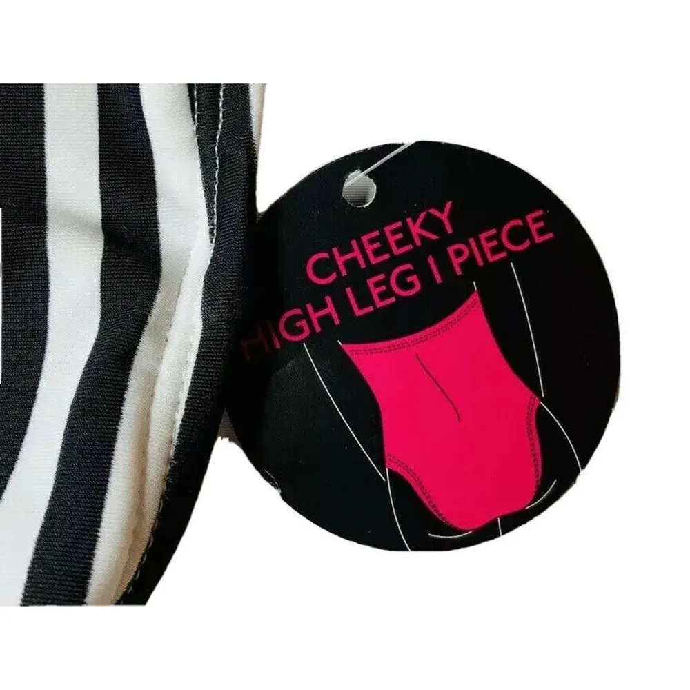 NEW No Boundaries Do Not Disturb Black White Stripe Cheeky High Leg Swimsuit M - Image 7