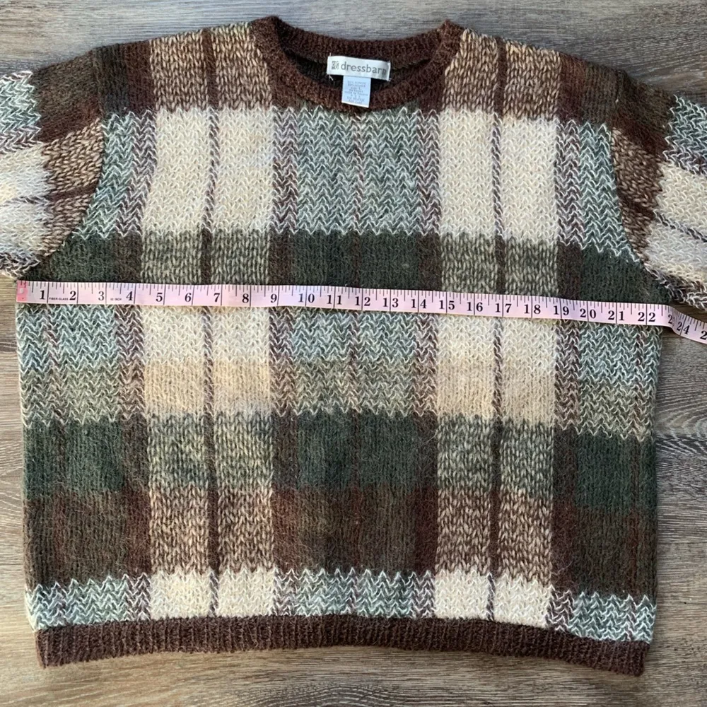 Vintage Dressbarn Brown, Tan & Green Mohair Blend Crop Crewneck Sweater L - Image 3