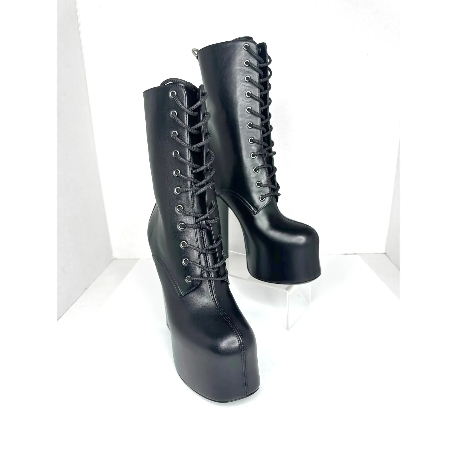 Saint Laurent Black Cherry Leather Platform Ankle Boots lace-up Designer EU 36.5 - Image 5