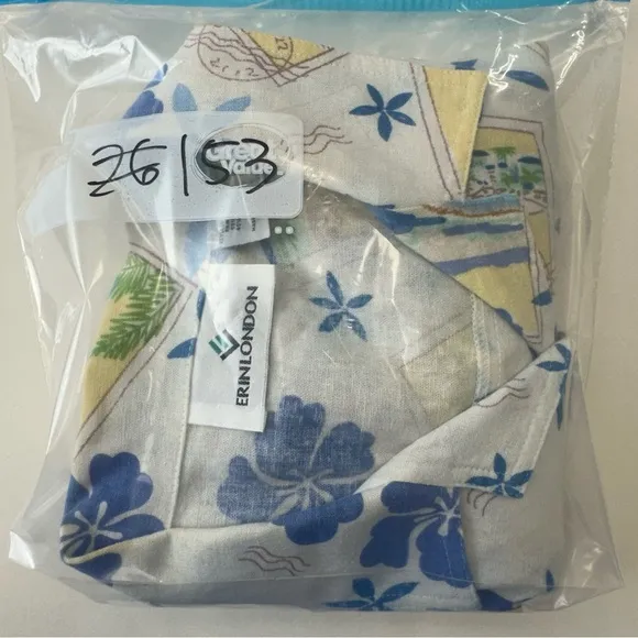 Erinlondon‎ Hawaiian Top Blouse Womens Large Linen Blend Button Up Tropical Green - Image 9