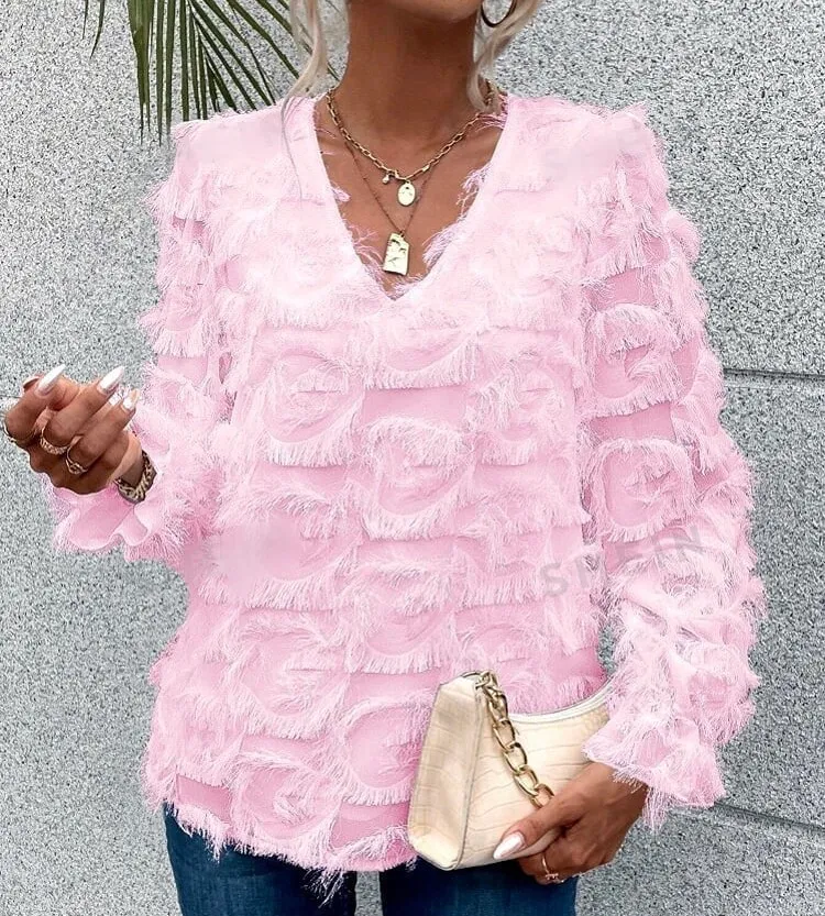 Lavishly Paris Nwt,  Women's Fringed Baby Pink Blouse - Image 7