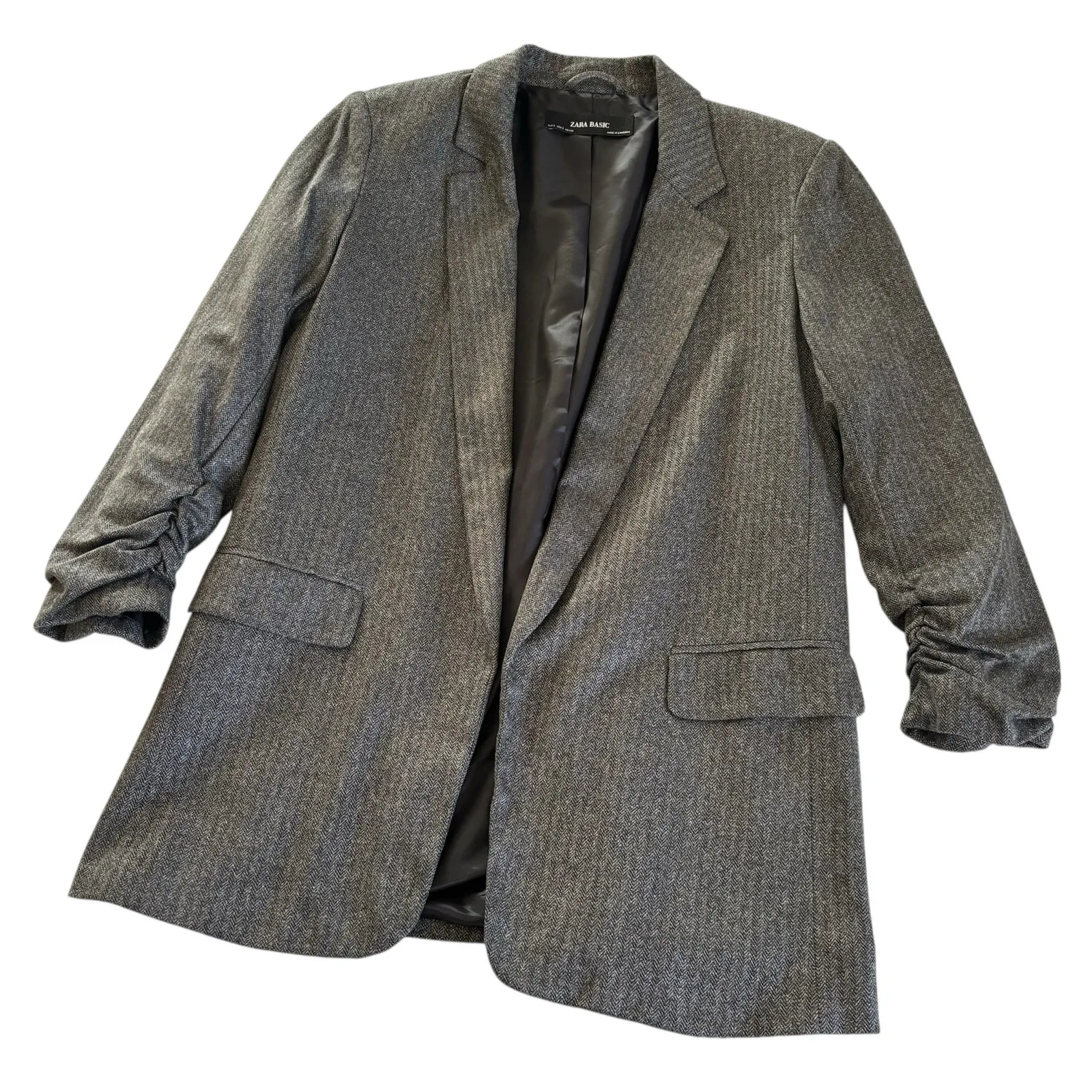Zara Basic Preppy Gray Herringbone Blazer Jacket Womens Small Academia Y2K - Image 7