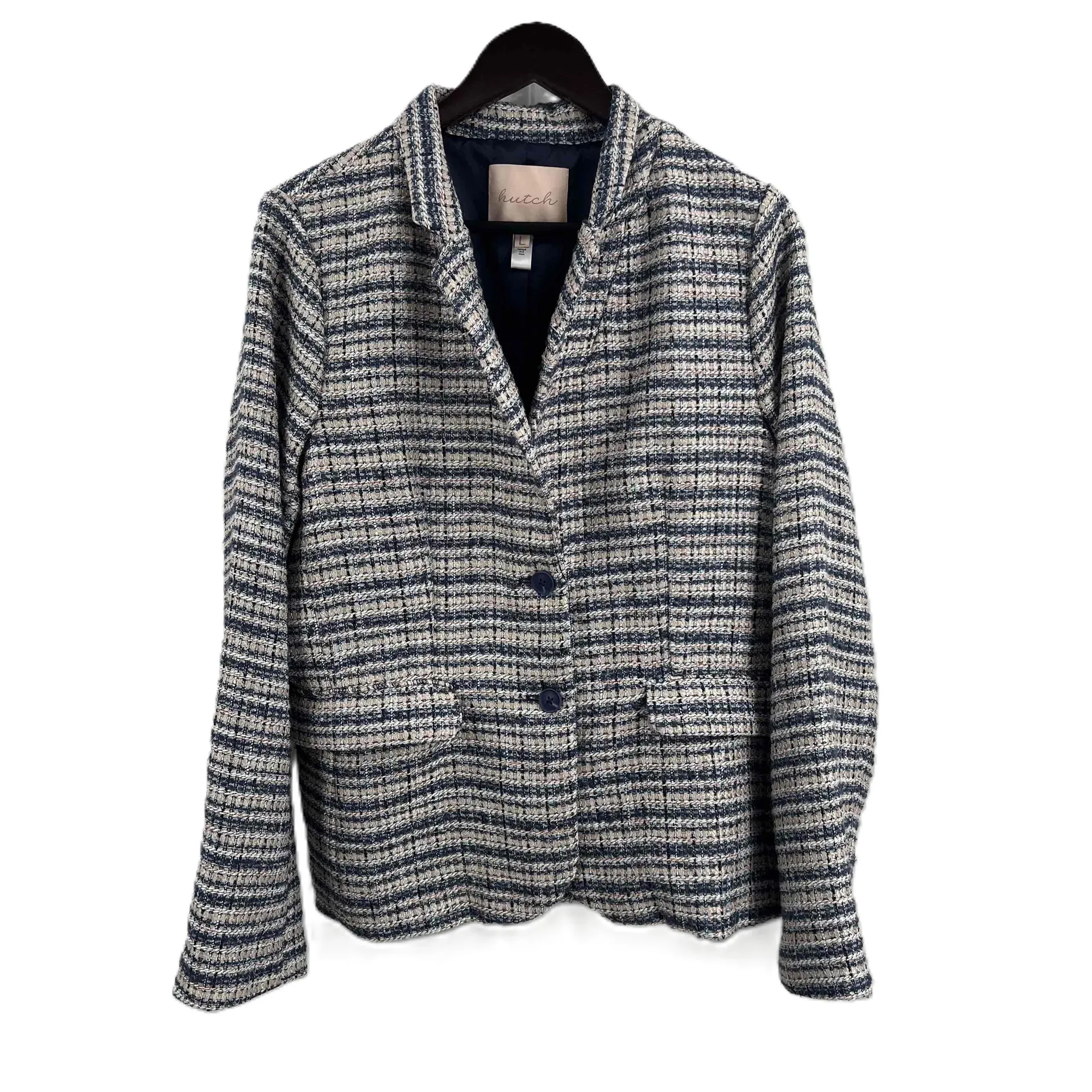Anthropologie Hutch Tweed Preppy Blazer White Blue Gold‎ Metallic Lined Large - Image 2