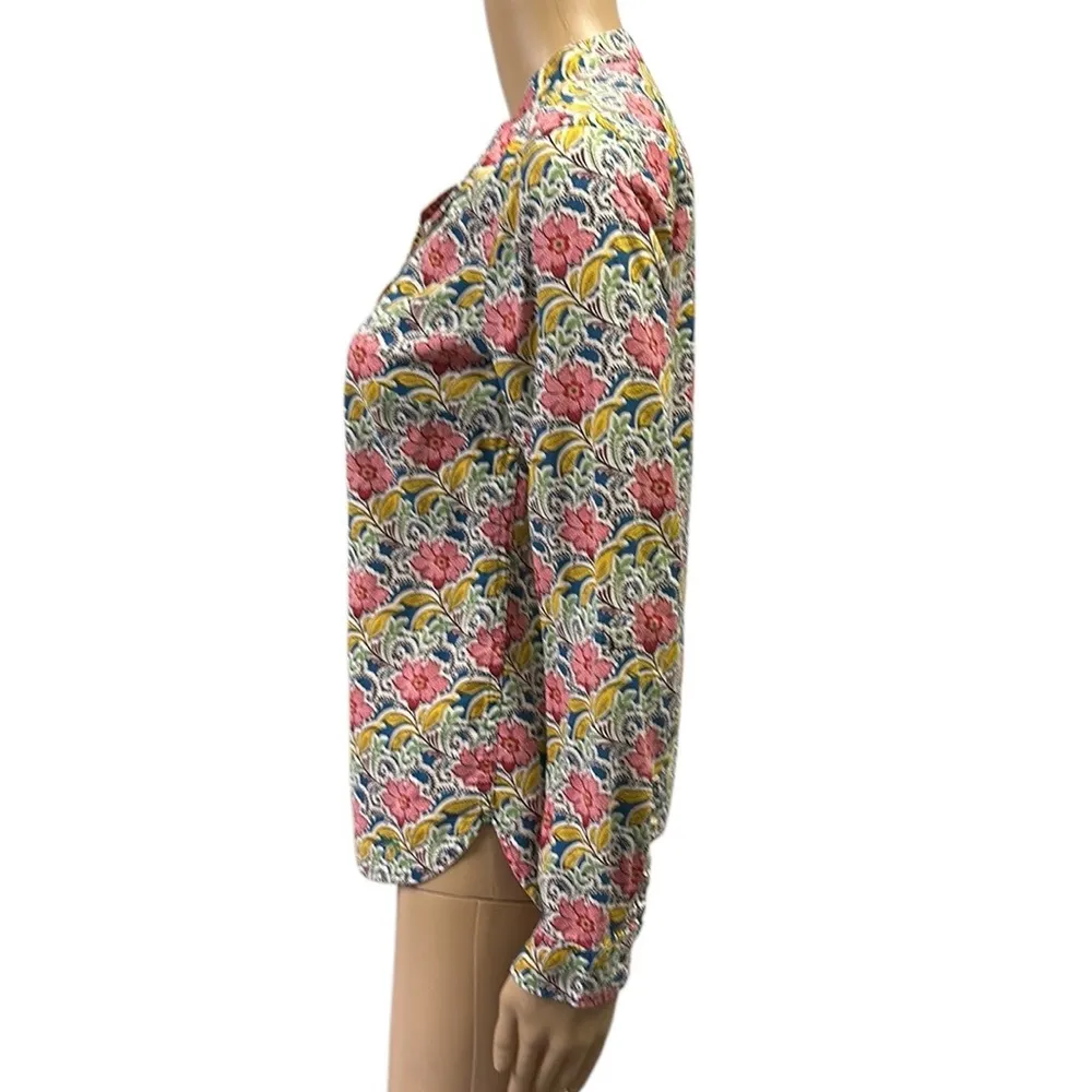 Talbots Floral Pullover Half Button Up Cotton Long Button Tab Sleeves Womens XS - Image 3