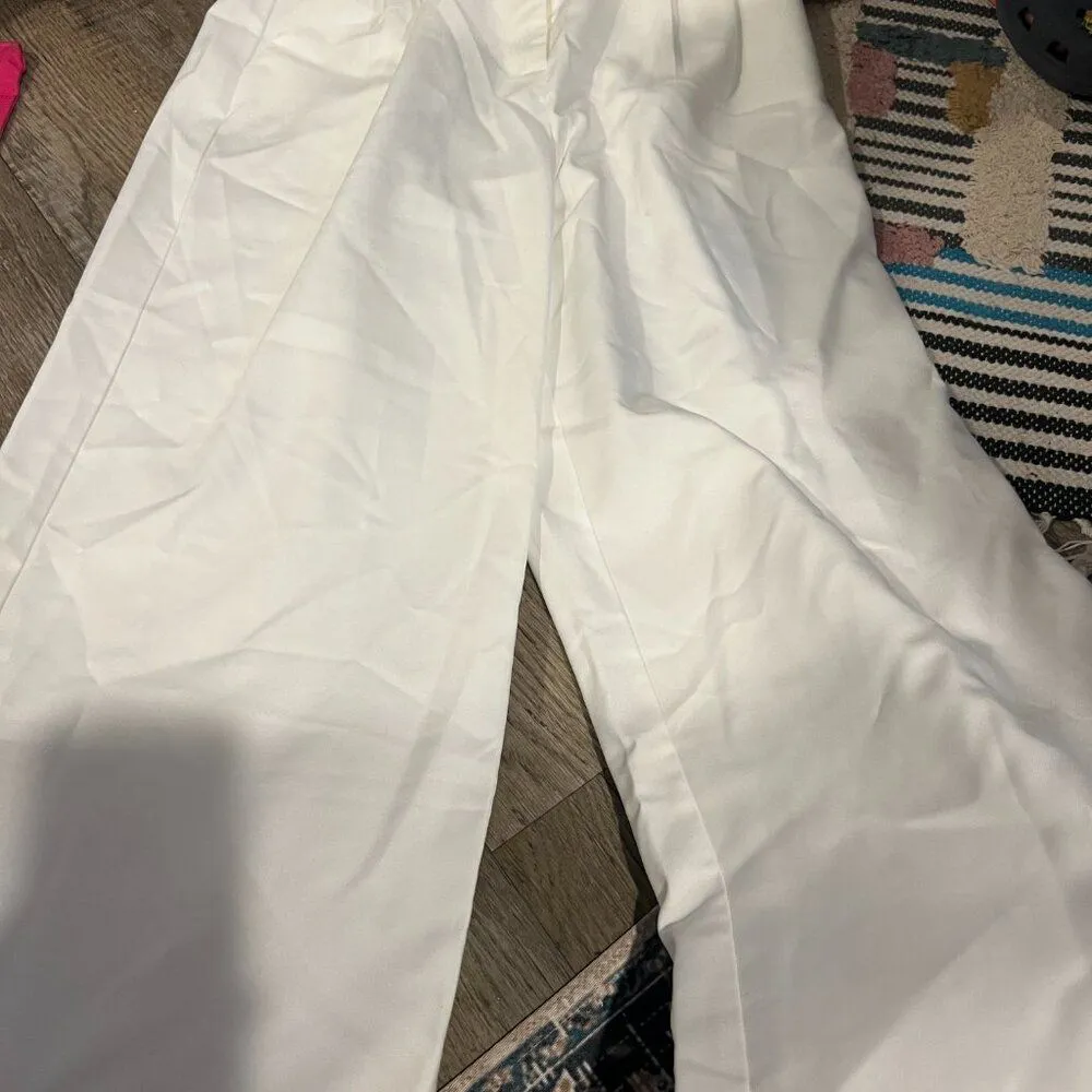 Commense Wide Leg Pleated White Cotton Pants High Waist Pants Size M Size M - Image 6