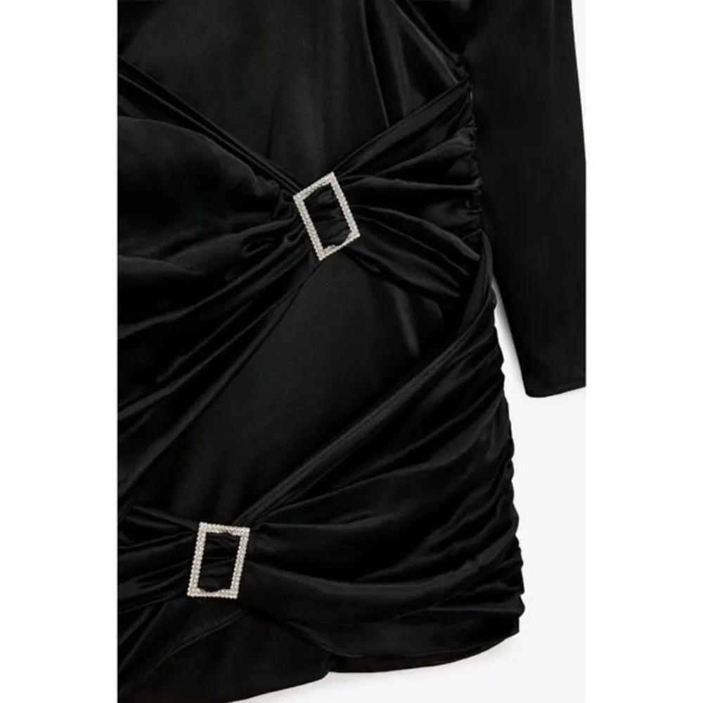 New Zara Black Jewel Buckle Trim Satin Effect Long Sleeve Night Out Dress sz S - Image 6