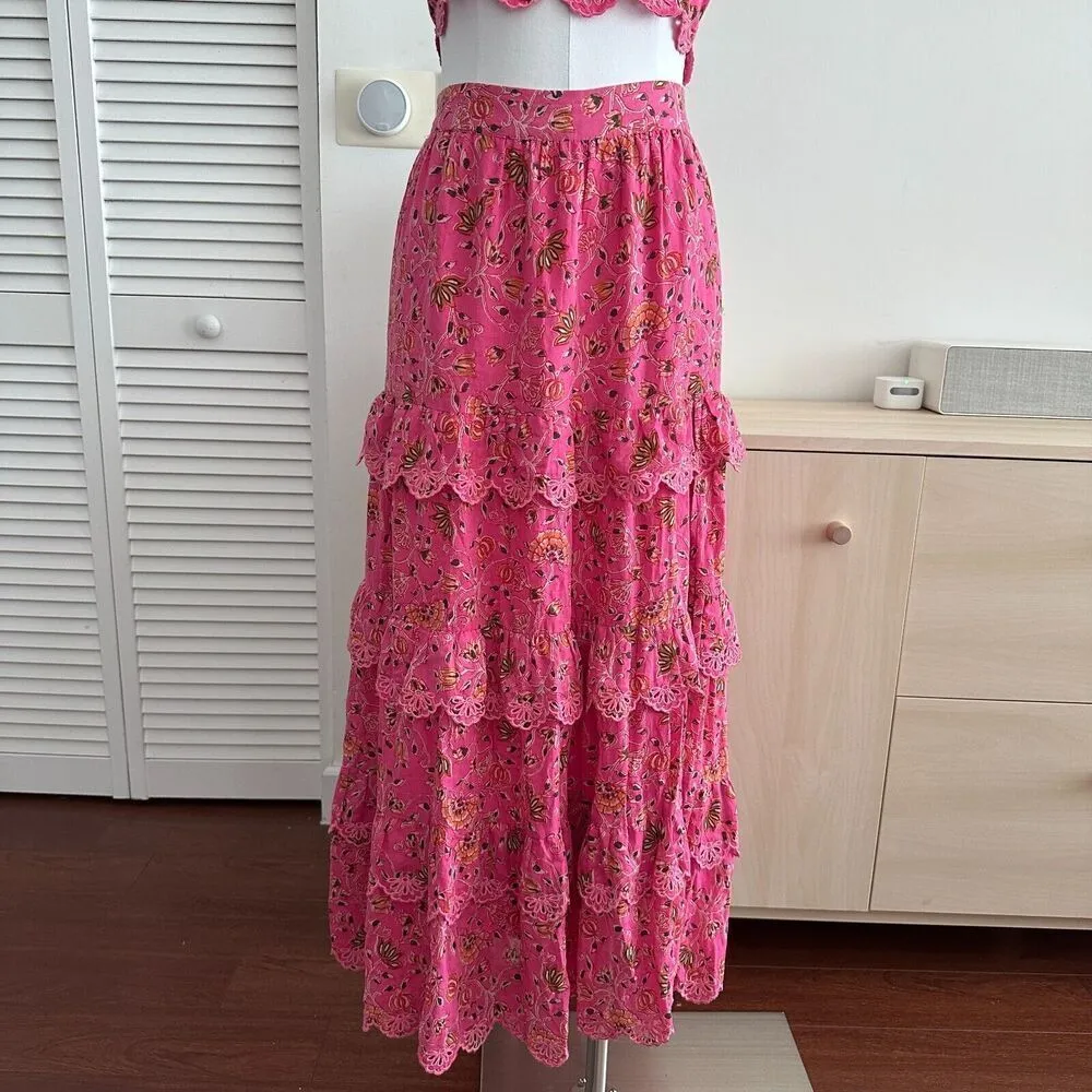 Caroline Constas Skirt Womens Large Floral Lace Tiered Crop Top Matching Co Ord Pink - Image 5