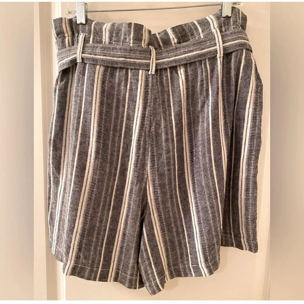 Banana Republic Linen Shorts 6 Paperbag Pleats White Blue Stripes Belted Womens - Image 9