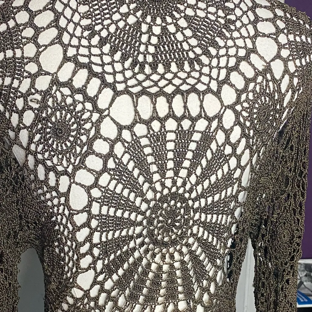 KAREN MILLEN Vintage
90s/Y2K Collared
Crochet Sweater Top
Brown Tan Size 3 - Image 8