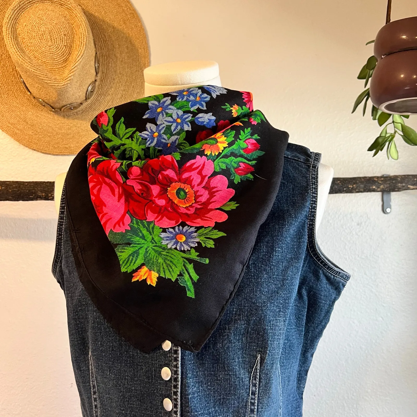 Vintage Black Soft Woven Bandana Neck Tie Scarf Wrap Bright Floral Print - Image 2