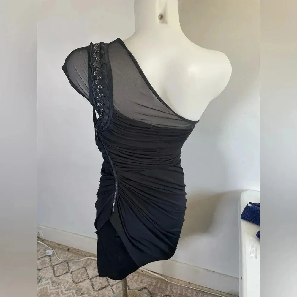 Bebe One Shoulder Black Mini Dress Bodycon Chain Cocktail Little Black Dress 046 - Image 5