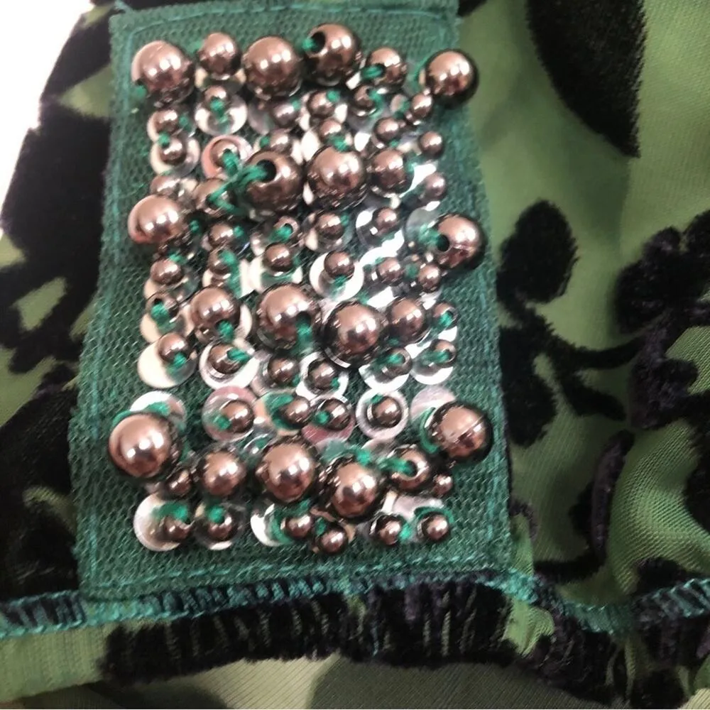 Awake Couture Green Black Velvet Velour Floral Flutter Sleeve Blouse Top Size L - Image 4