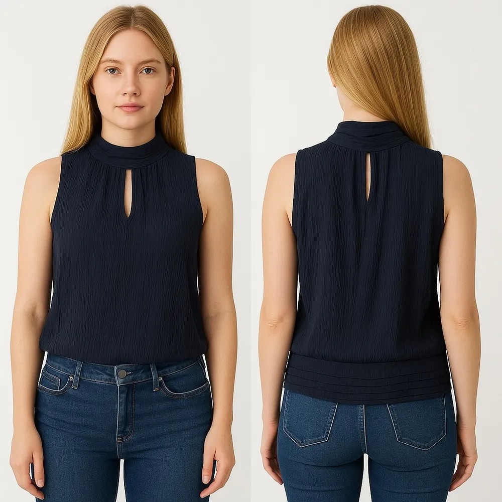 Black Sleeveless Pleated Blouse Mandarin Collar Size 0 - Image 2