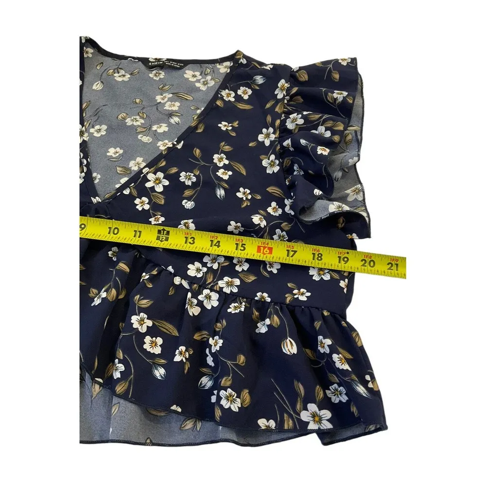 Shein Women’s Large Floral Cropped Top Blue Ruffle Spring Summer #1 - Image 7