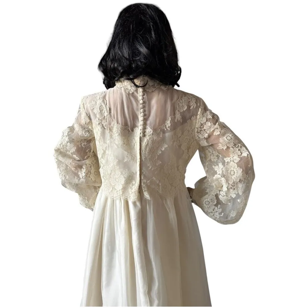 Vtg OOAK Lace Wedding dress scalloped sheer high neck & empire waist medium White - Image 7