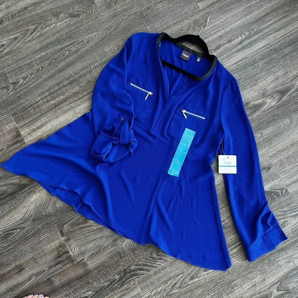 New Rafaella Blue with Leather Trim Detail Blouse - Size L - Image 8