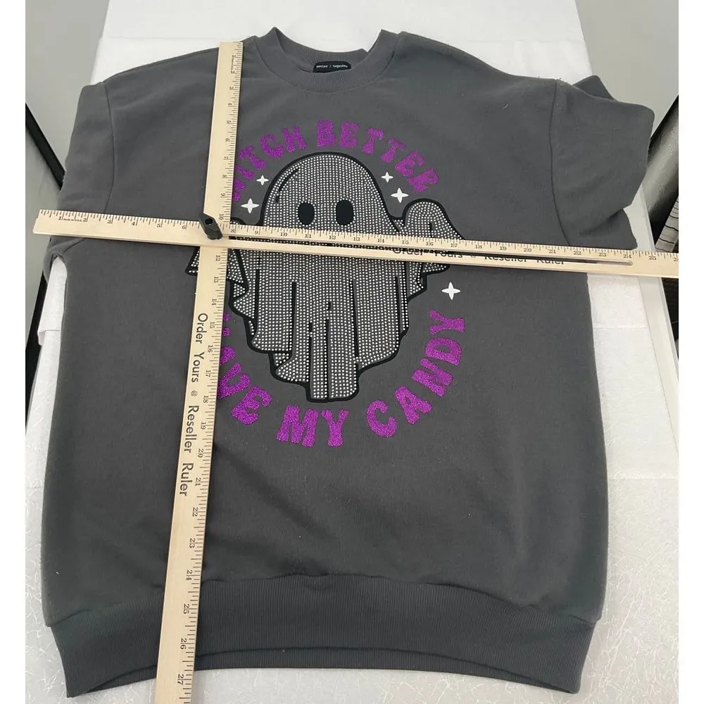 Halloween Ghost Rhinestone Sweatshirt Witch Better Have My Candy XS #1144 Gray - Image 5