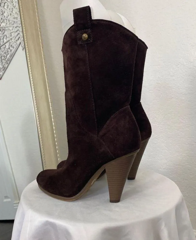 AEO Boho Brown Suede Leather Western Cowboy Mid Calf Heeled Boots US 7 - Image 5