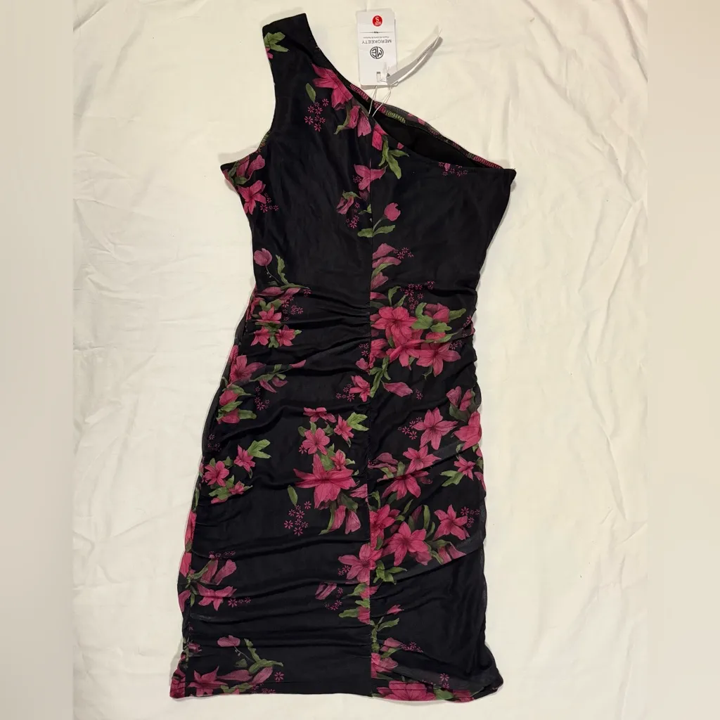 Merokeety Black and Pink Floral Ruched One Shoulder Mini Dress Small - Image 3