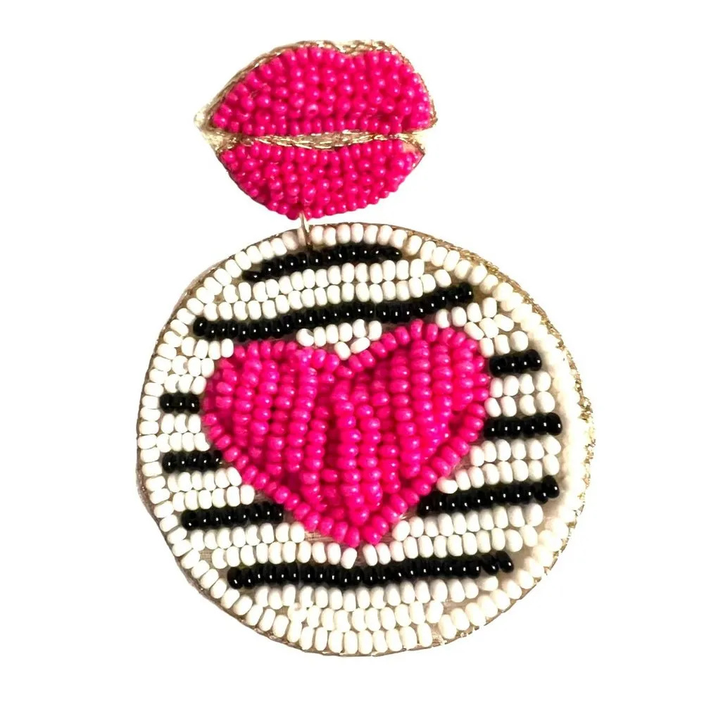 Viola Lips and Hearts Seed Bead Dangle Earrings Pink Black NWT - Image 3