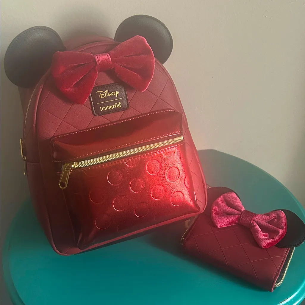 New Loungefly Disney Mini Mouse Burgundy Quilted Velvet Bow Mini Bag Wallet Set - Image 14
