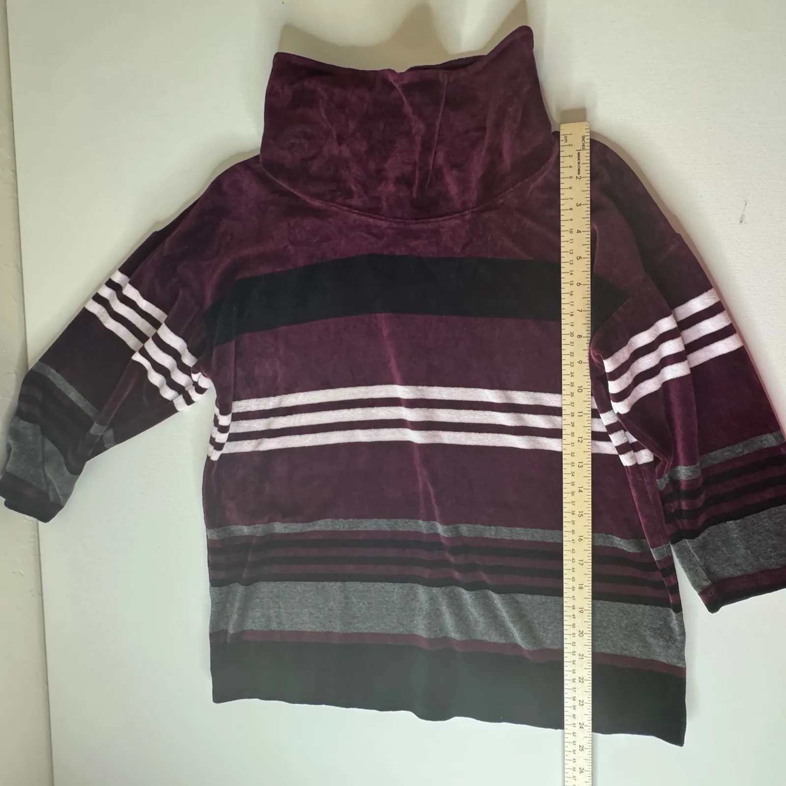 Talbots Stripe Velour Cowlneck Pullover Medium Burgundy‎ Soft Knit Comfy Cozy - Image 7