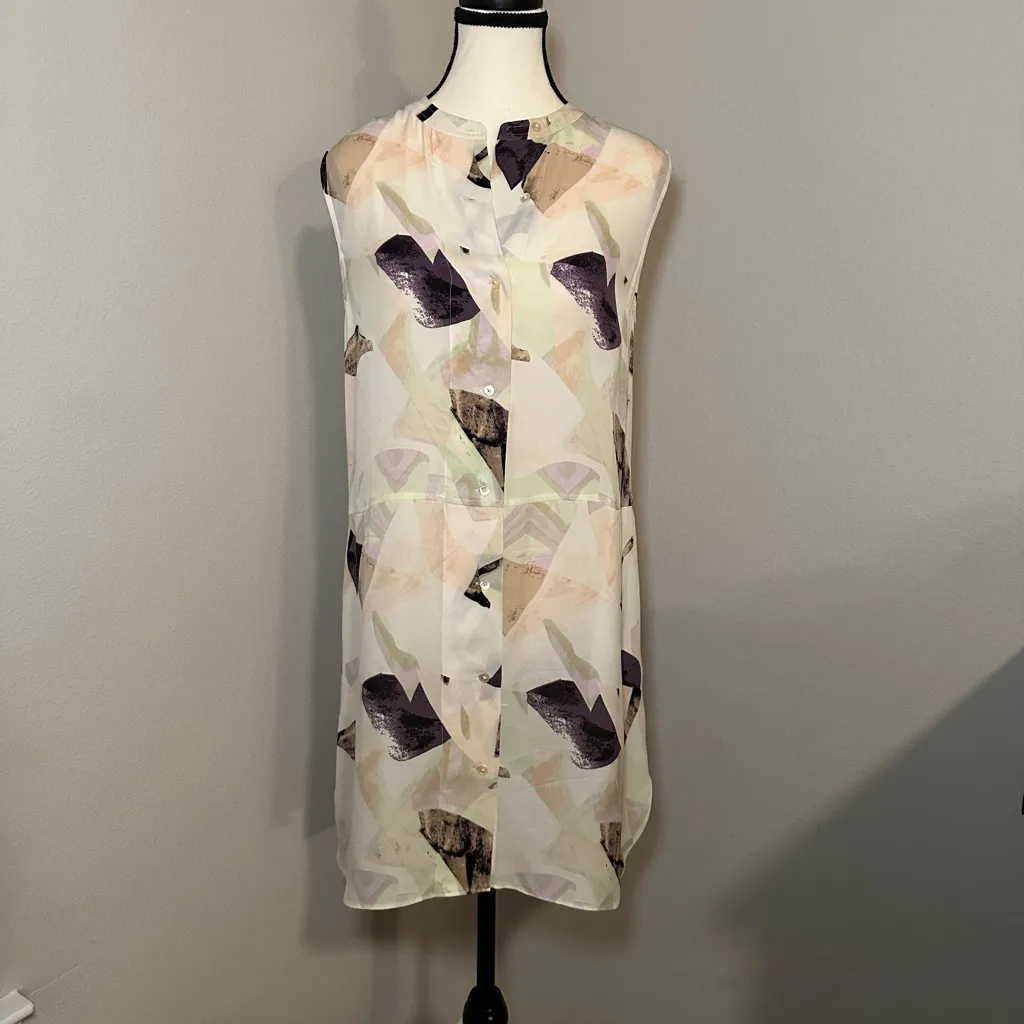 Wilfred Aritzia Silk Abstract Print Dress XS Purple Cream Geometric Button Shift - Image 2