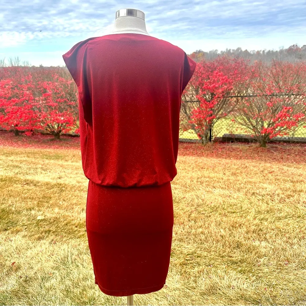 ALICE + OLIVIA MAROON BURGUNDY WINE GLITTER METALLIC DRAPEY COWL NECK MINI DRESS - Image 9