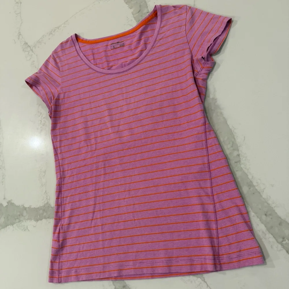 Eddie Bauer Gorpcore Striped Scoopneck T-Shirt Womens Small Pink/Orange Outdoors - Image 2