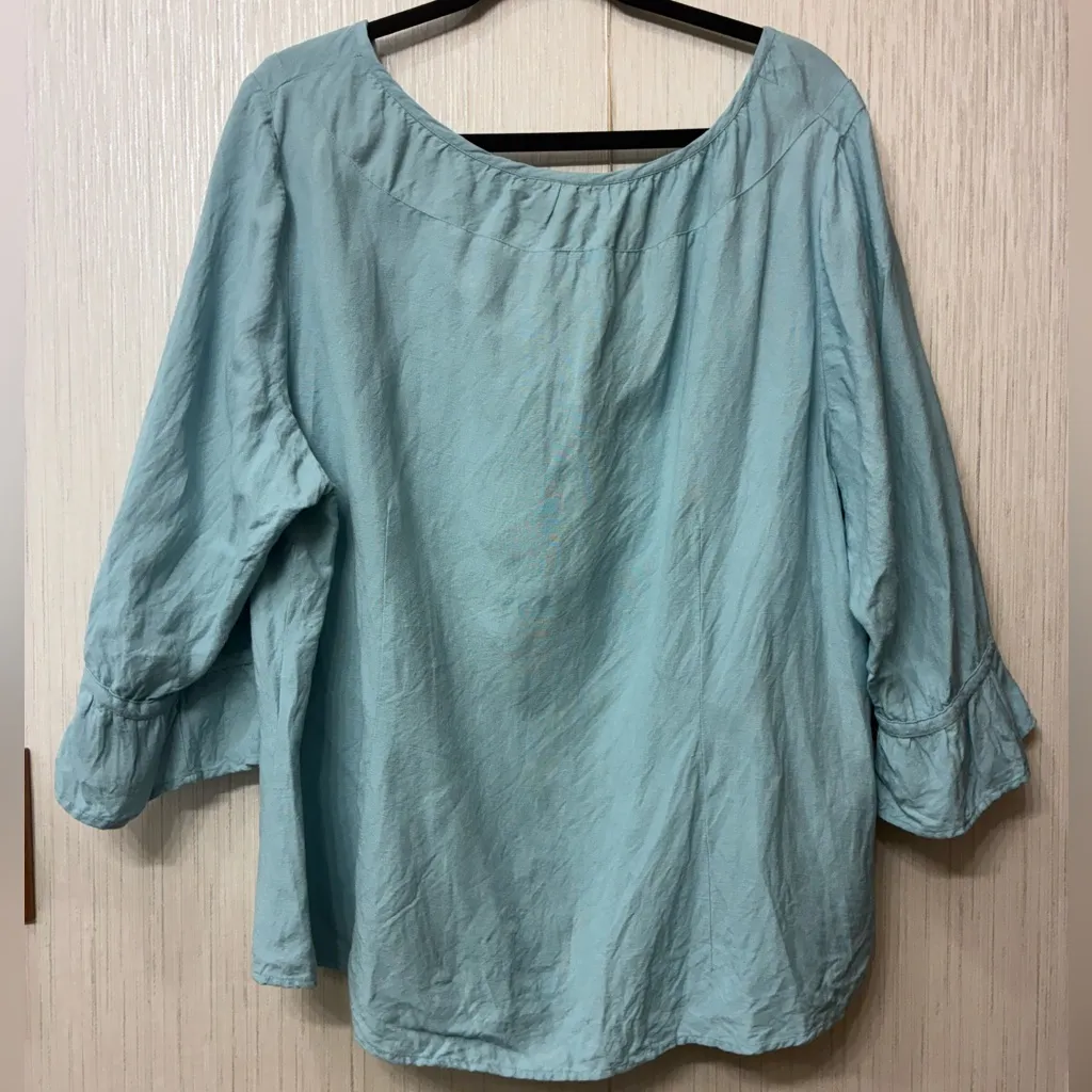 Lane Bryant Plus 22/24W Linen Rayon Peasant Blouse Top Seafoam Aqua Tie Neck - Image 2