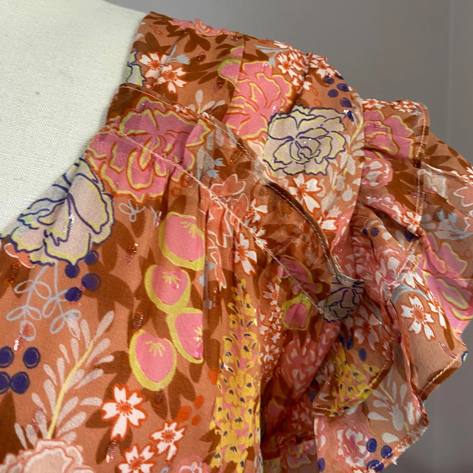 Marie Oliver Thea Silk Floral Mini Dress M Peachy Peonies Belted Ruffle Boho - Image 6