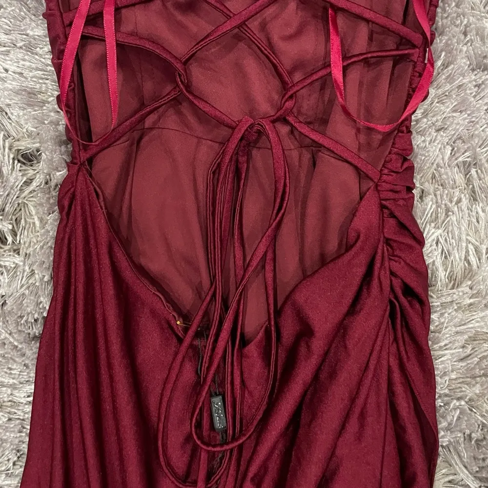 La Femme Strappy Back Ruched Front Slit Gown Maxi Dress Dark Berry 29710 - Image 8